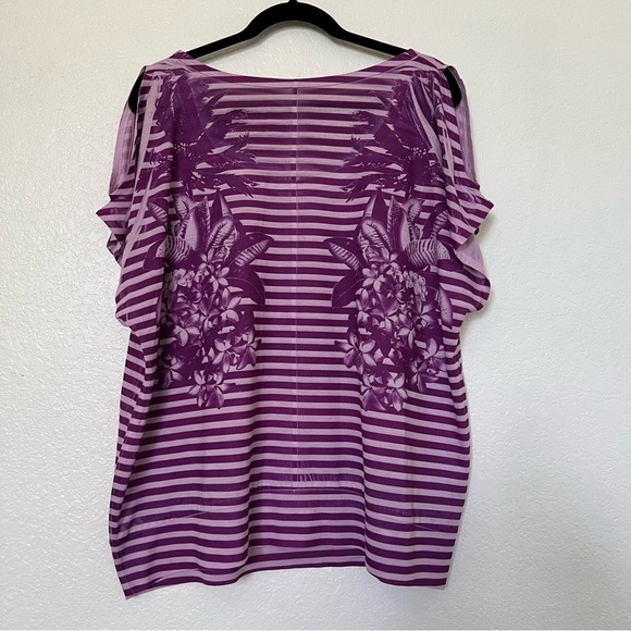 2/$30 Lane Bryant Purple Striped Floral Beaded Cold Shoulder Short Sleeve Top - Picture 7 of 11